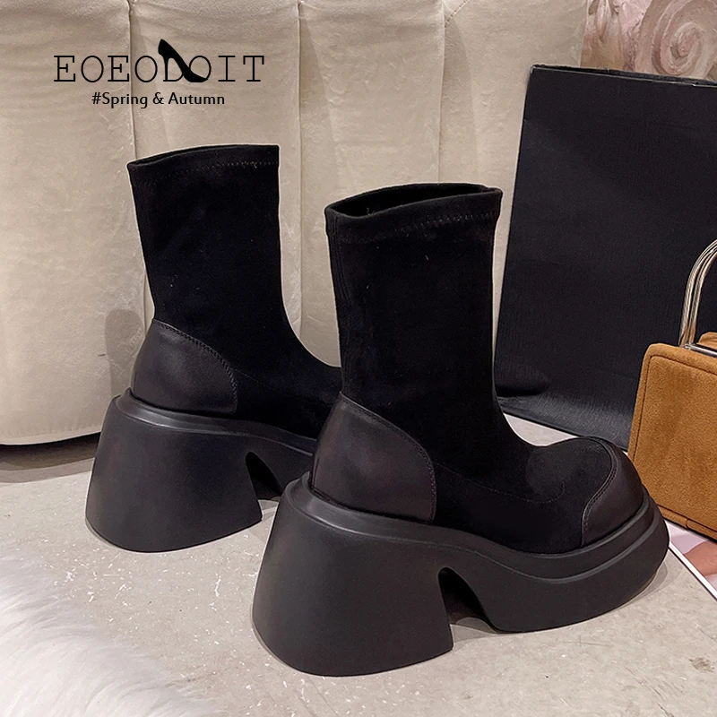 

Женские ботильоны в стиле пэчворк EOEODOIT, Черные ботильоны стрейч на платформе, короткие ботинки, зимняя обувь, Размеры 35-40, 2023