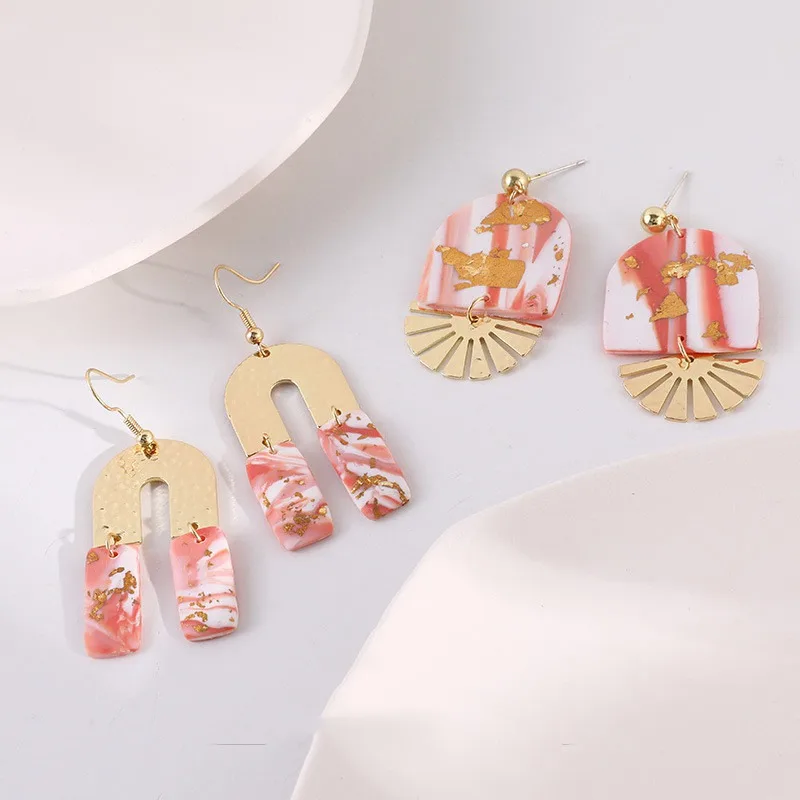 

Clay Metal Dangle Unusual Earrings Jewelry Handmade Gold Foil Earrings for Women Abstract Pattern Polymer Clay Drop
