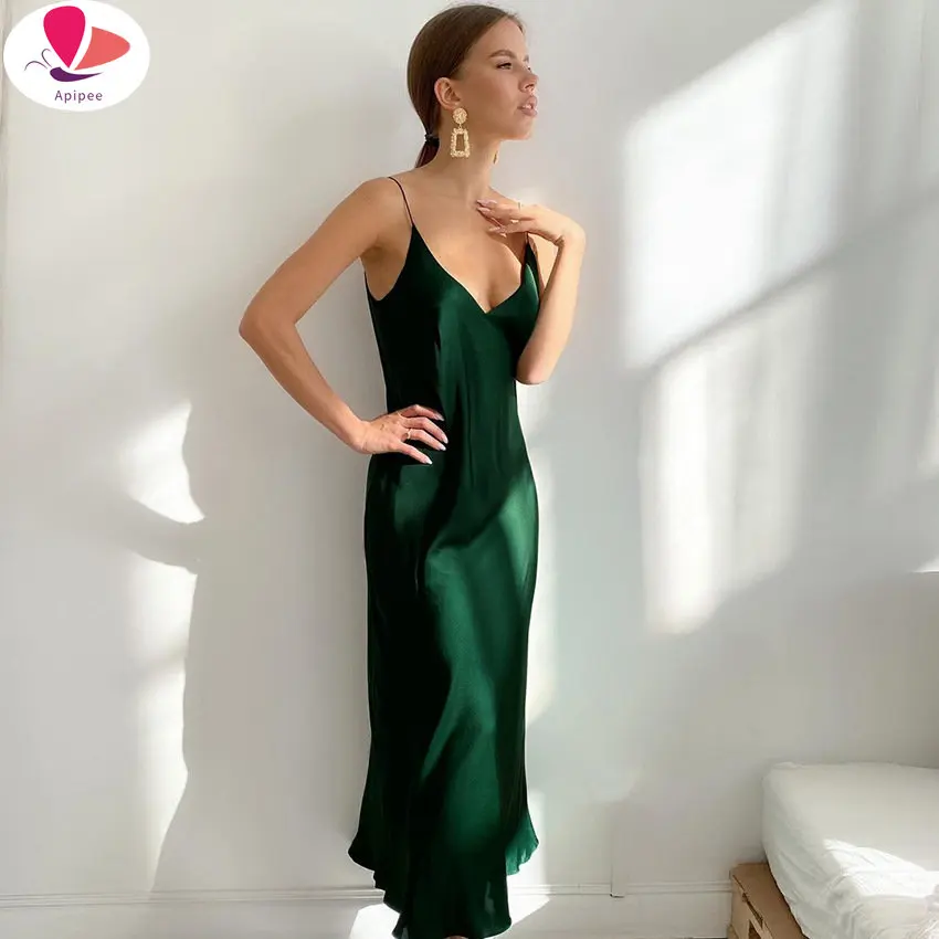 

Летнее женское атласное платье-комбинация APIPEE 2023, винтажное зеленое, черное шелковое длинное сексуальное платье