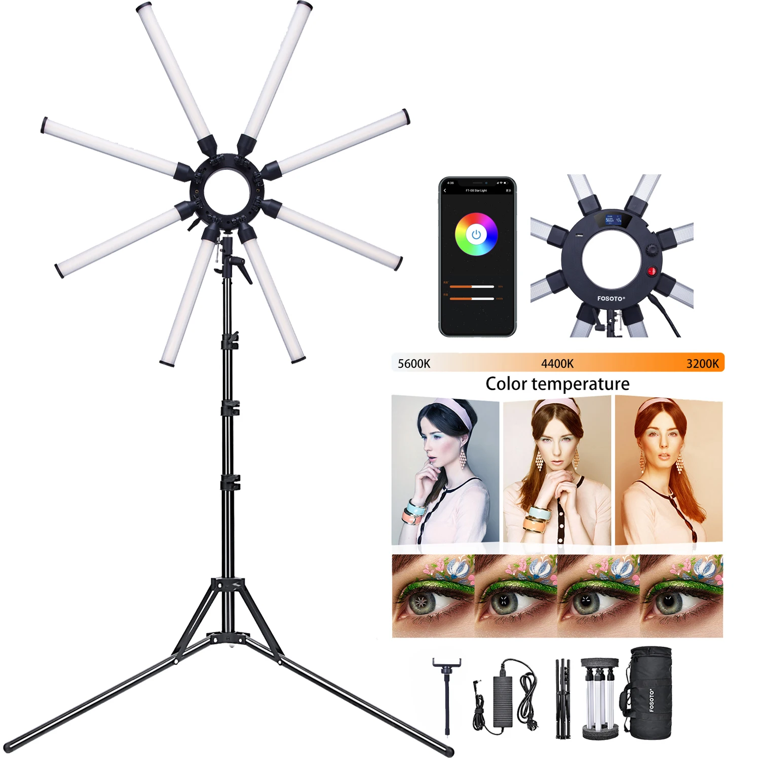 

fosoto 150W Star Light For Professional Photography LED Ring Light With App Control Tripod For Phone Camera Video Studio Selfie