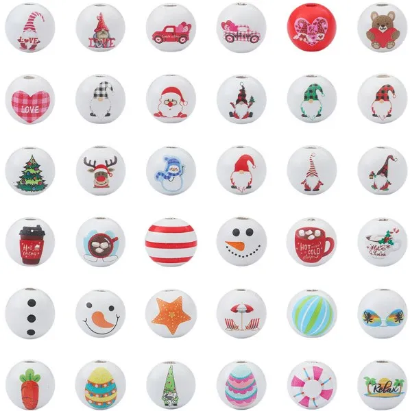 

10pcs/lot 16mm Christmas snowman animal wooden printed loose bead DIY handmade jewelry bracelet necklace accessory materials