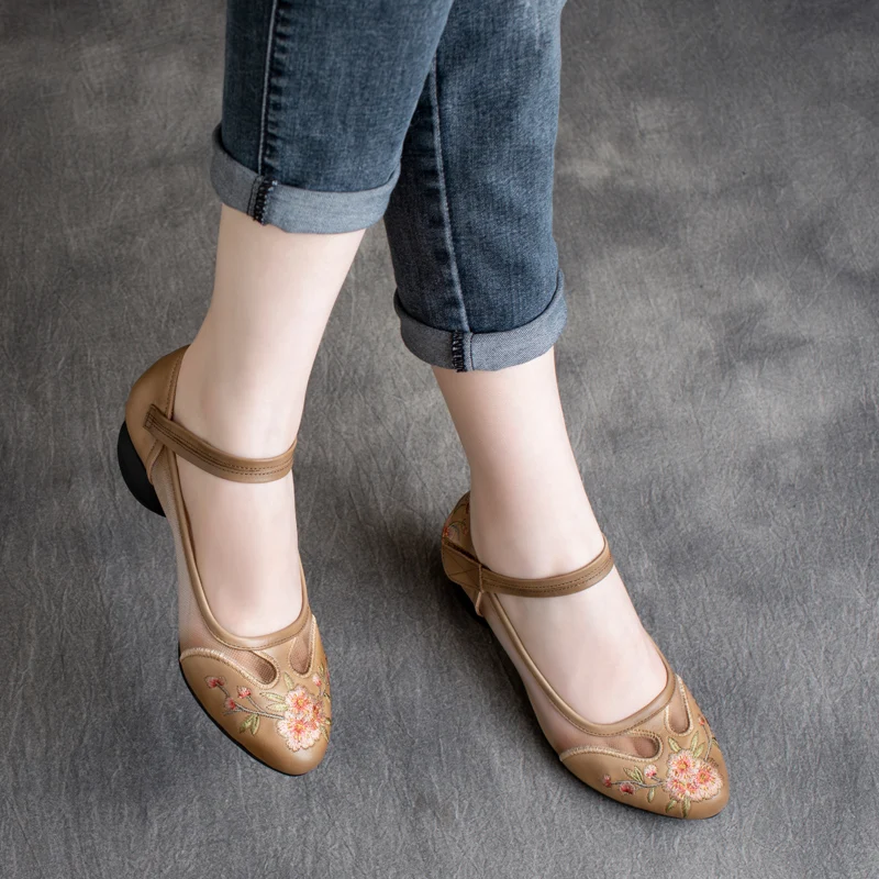 

Emboridery Leather Shoes Women Pumps High Heels Mary Janes Spring Genuine Leather Women Pumps Brand Handmade Retro Shoe Brand