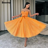 booma orange glitter tulle midi prom dresses sweetheart sleeveless tea length a line party dresses short formal prom gowns