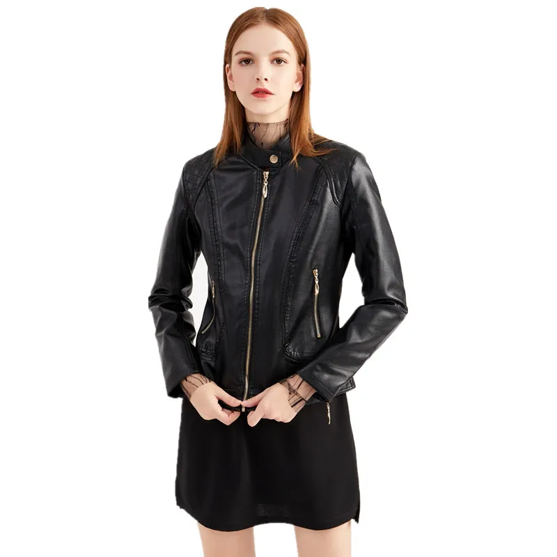

Women PU Leather Coat 2000s Aesthetic Clothes Stand Collar Zipper Long Sleeve Tops Moto Biker Jacket Solid Color Streetwear
