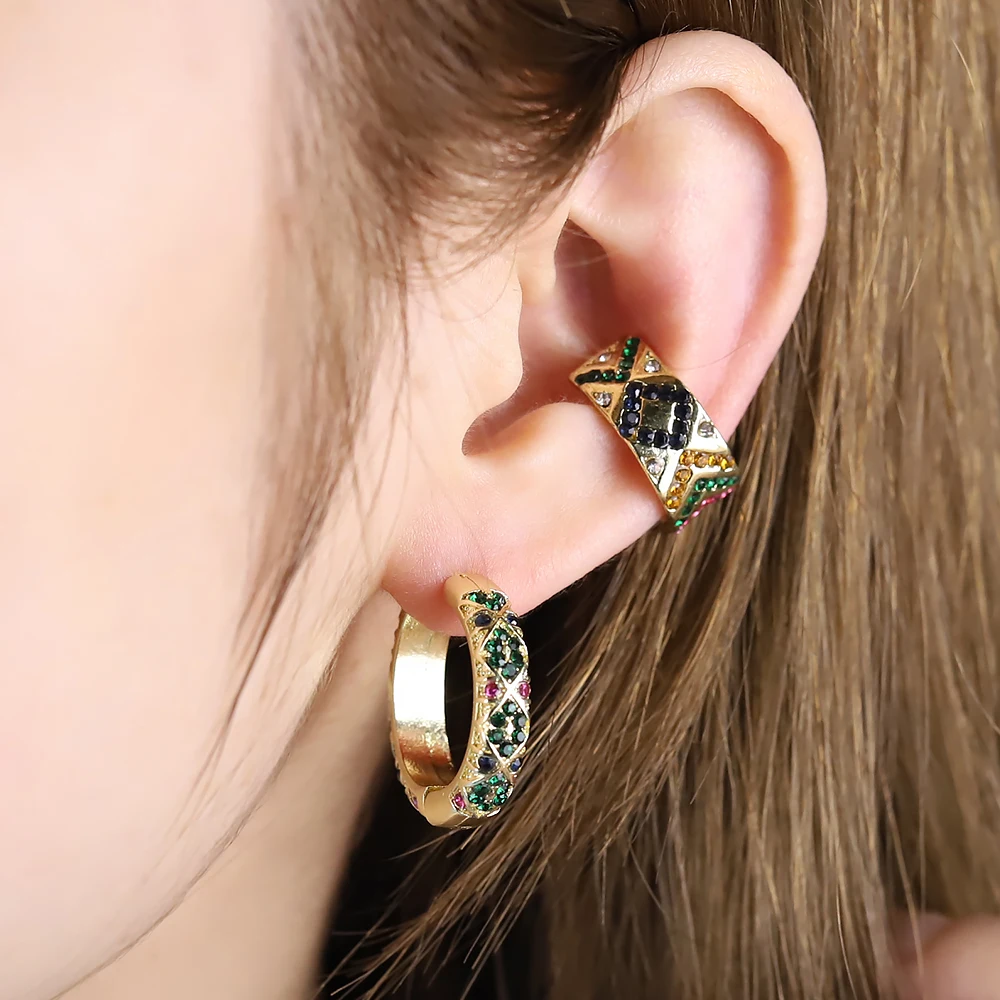 

European and American Ethnic Style Color Striped Clip Earrings Metal Inlaid Colored Diamond Earrings Retro Alloy Earrings Women