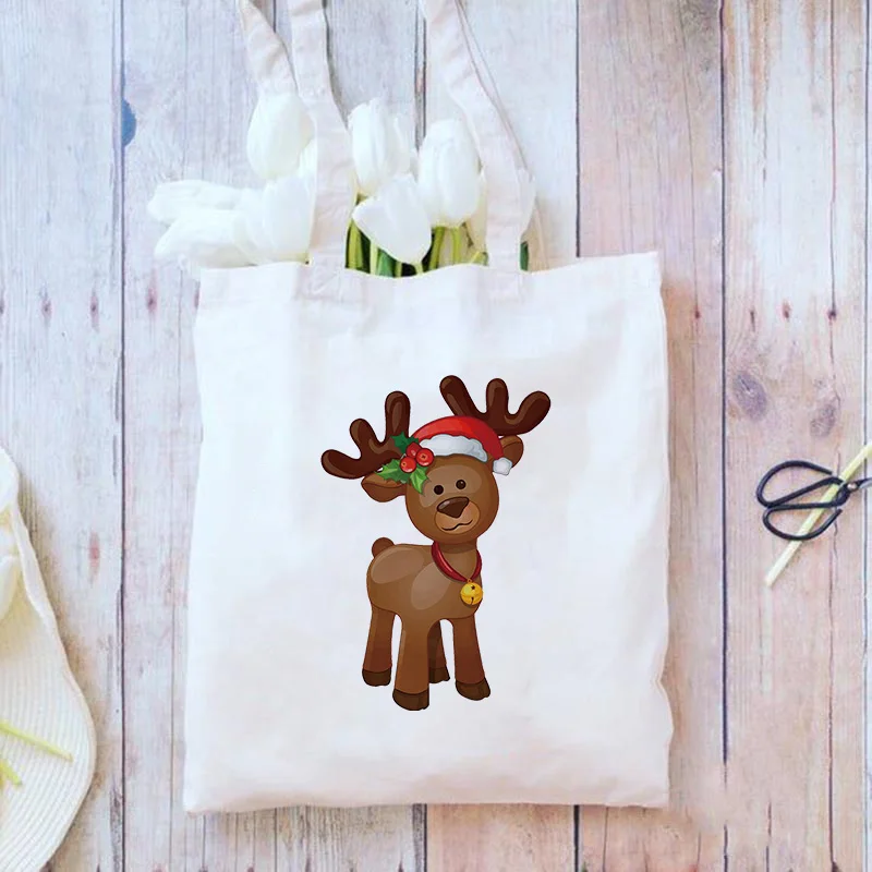 

Christmas Cartoon Elk Women Shopping Bag Merry Christmas Gift Bag Travel Handbag Women Leisure Commuter Sailing Bag