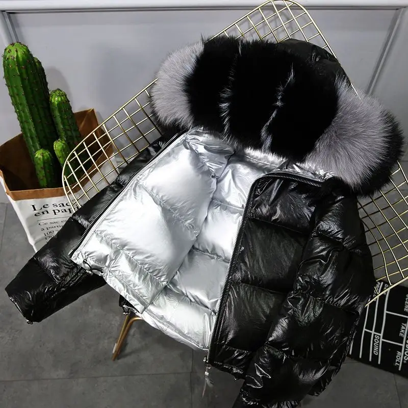 

2022 Winter Real Fur Coat New Winter Down Jacket Women's Double-Sided Wear Net Red Bright Silver Pink Short Style