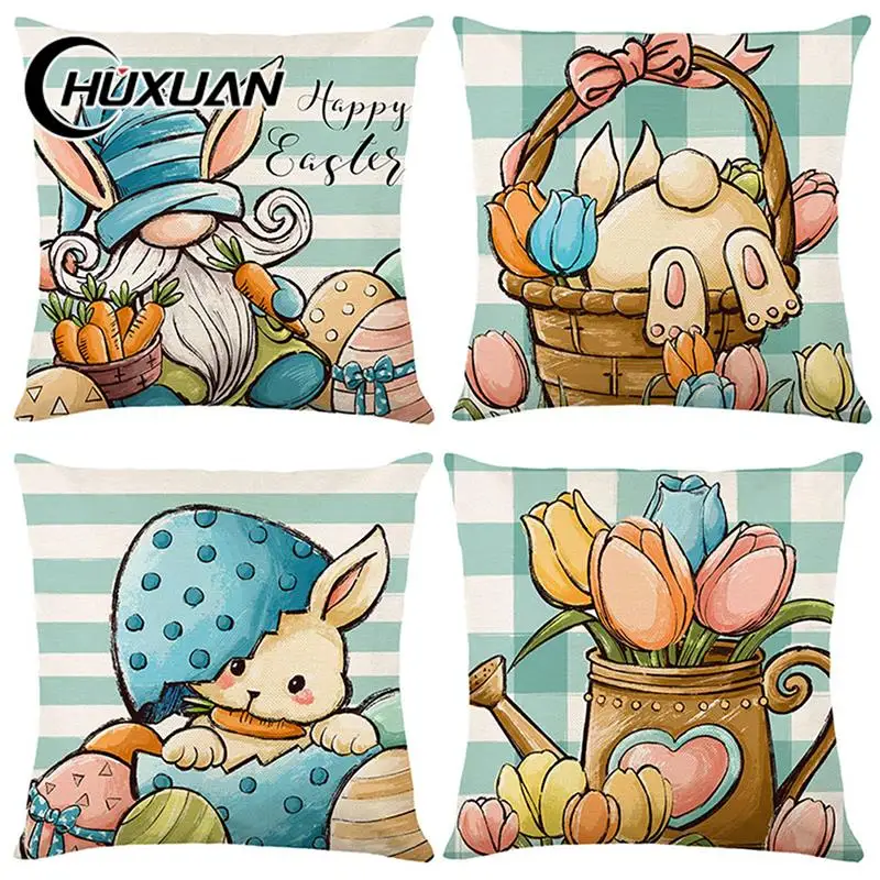 

45x45cm Easter Decor Pillowcases Linen Pillow Cover Easter Decorations Favors Pillows Cushion Cover Easter Bunny Eggs Pillowcase