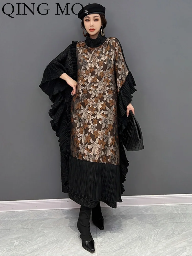 

QING MO 2023 Spring Autumn New Korean Fashion Trend Bat Sleeve Ankle Length Dress Women Lace Patchwork Female Dress ZXF913