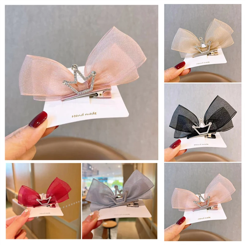 

10Pcs/Lot Shiny Crystal Crown Hairpin Mesh Bowknot Hair Clip For Girl Hair Bow Kids Children Barrette Princess Hair Accessories