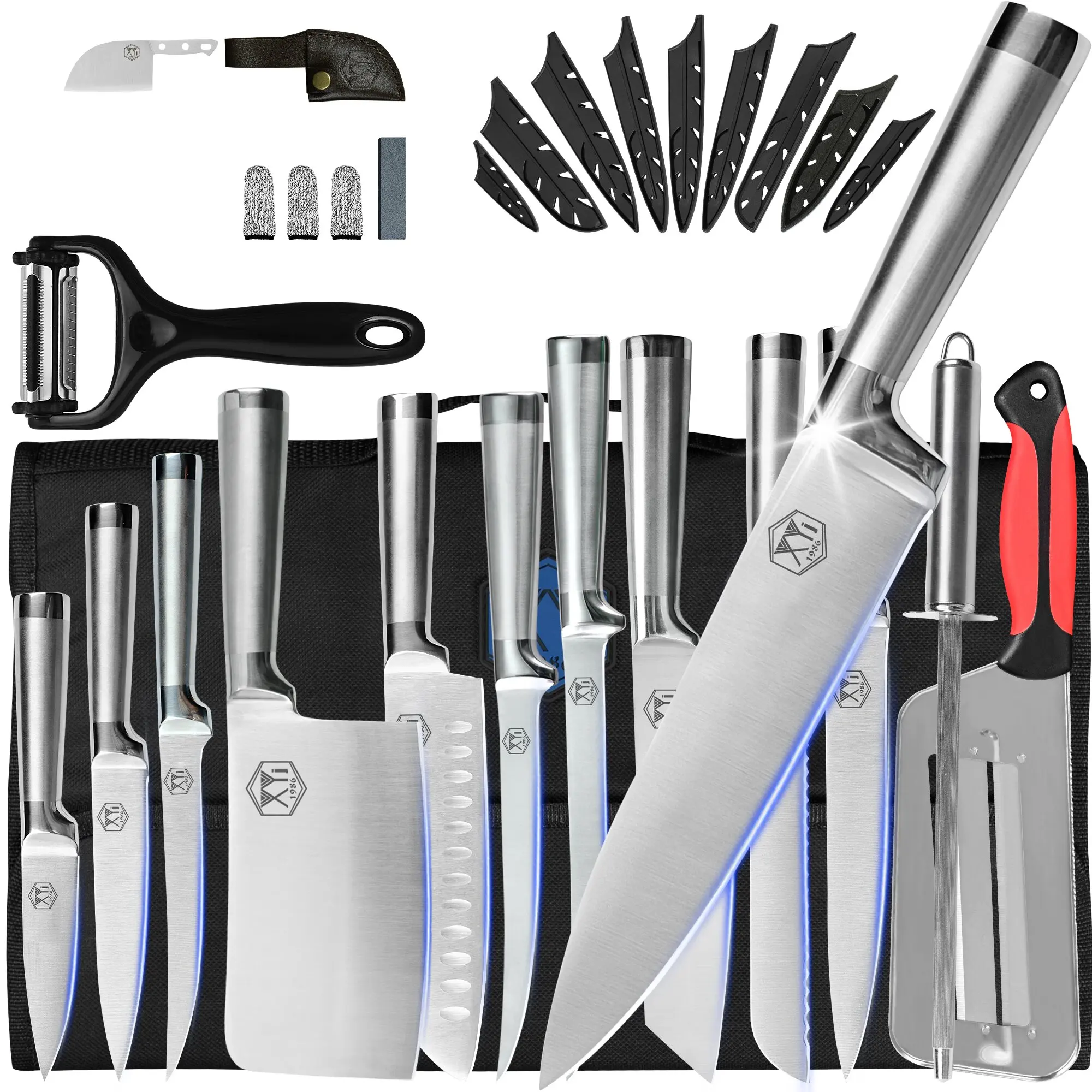 

Набор ножей для шеф-повара XYj профессиональный, комплект из 11 предметов из нержавеющей стали, в подарочной упаковке, в рулоне с сумкой, кухон...