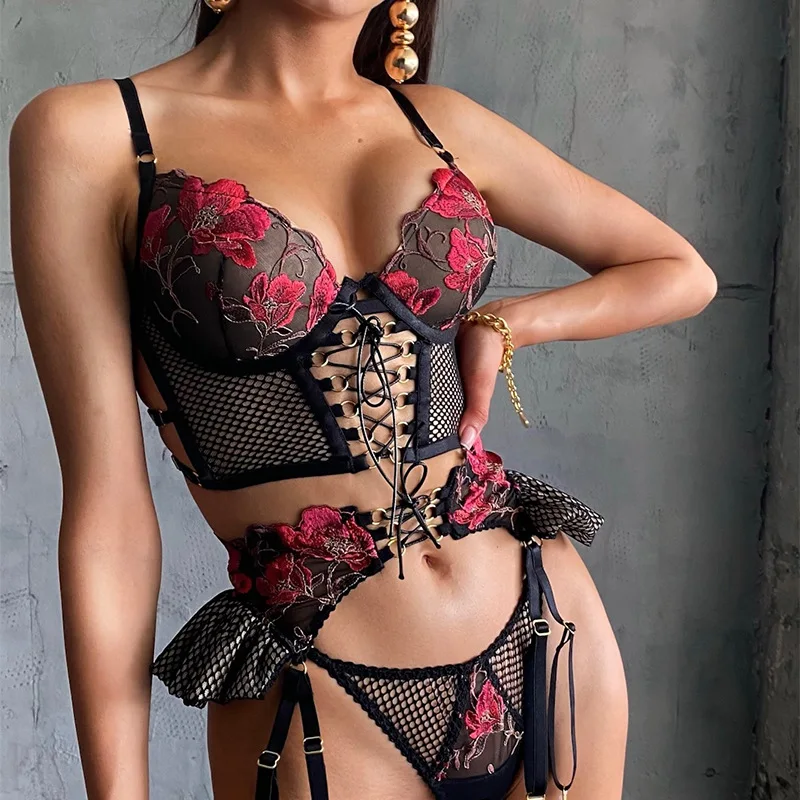 

Floral Embroidered Strappy Ruffle Shaping Women's Sexy Mesh Sheer Lingerie Set Three Point Push Up Bra with Garter Belt