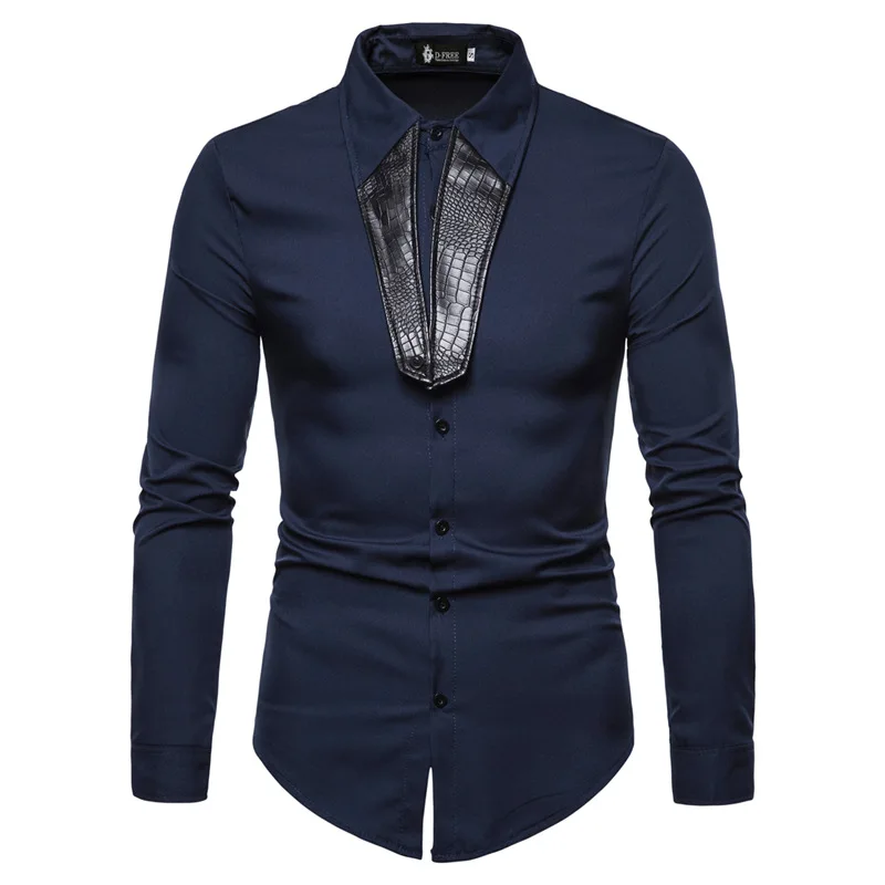 Summer Autumn New Youth Fashion Casual Personality Leather Collar Men's Long Sleeve Shirt 80% Cotton Lapel Solid Color Men's Top