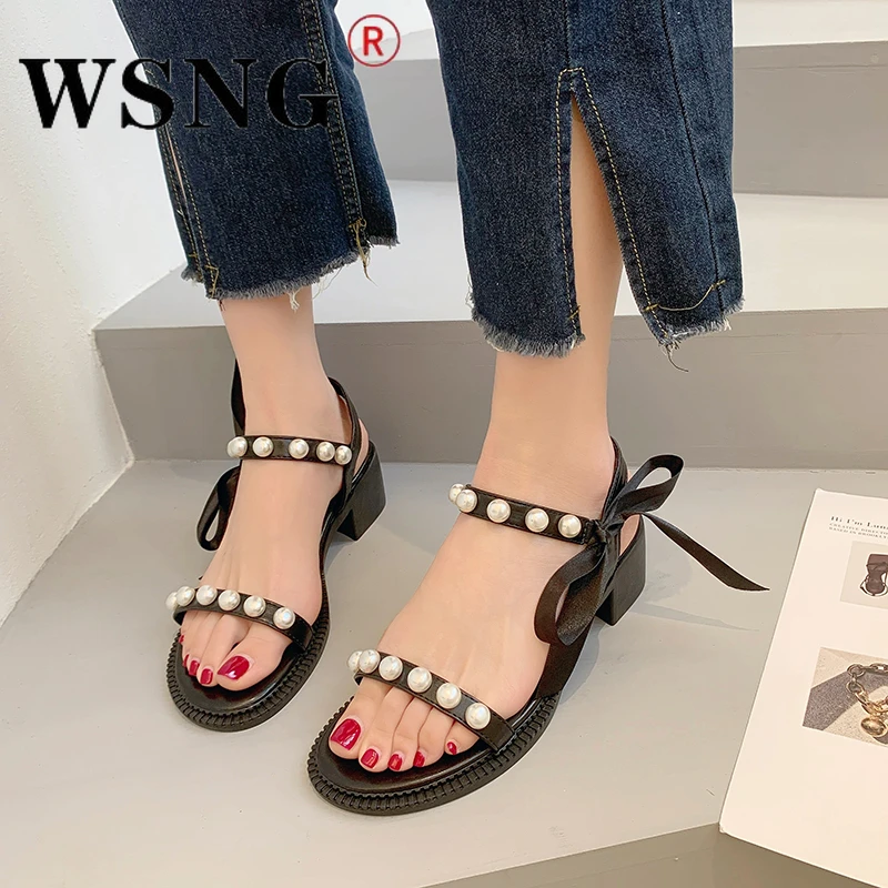 

Summer Ladies Open Toe Beaded High Heel Sandals 2022 Platform Square Heel Bow Sandals Ladies Beige High Heel Sandals