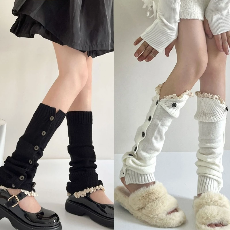 

1 Pair Winter Leg Warmers Women Knitted Button Down Lace Trim Long Socks