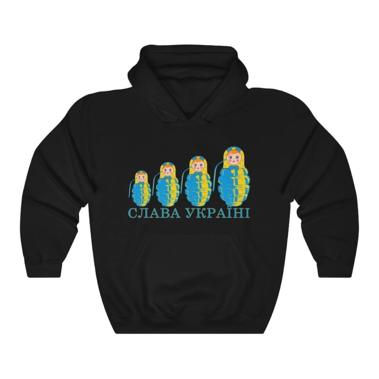 

Голубые и желтые флаги, Матрешка в форме гранаты, русские куклы слава украинская слава