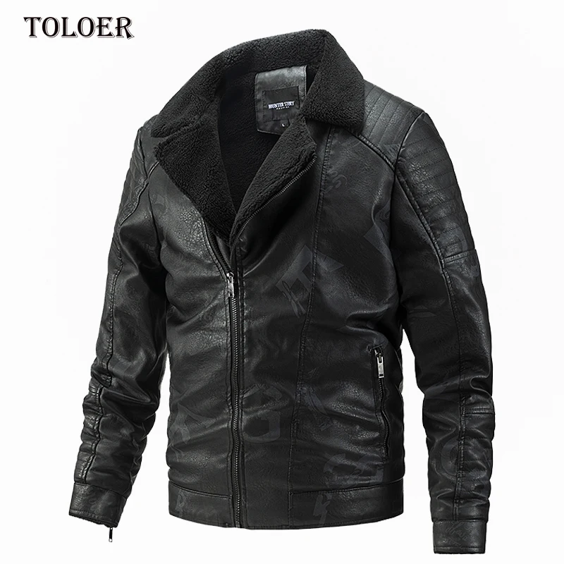 

2023 Winter Men Thick Warm Fleece Leather Jacket Coat Mens Autumn Motorcycle PU Jackets Male Lapel Bomber Biker Leather Outwear