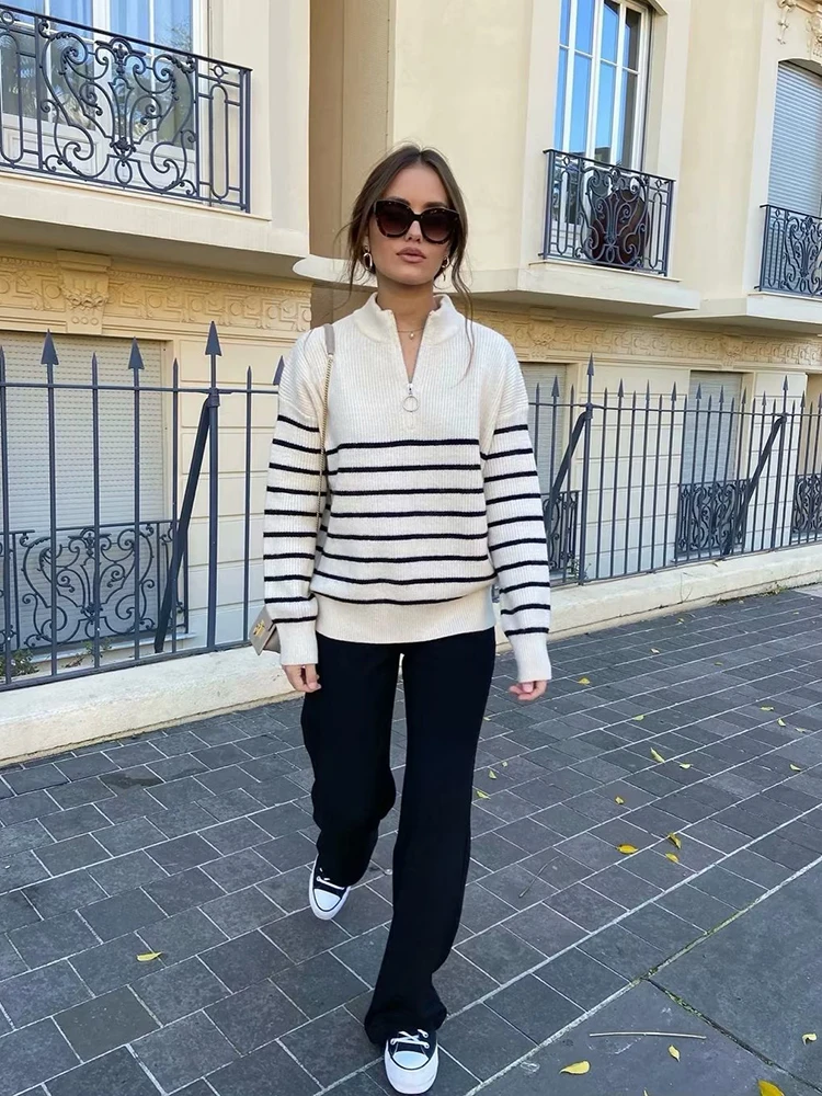 

Fashion Striped Sweaters For Women Stand Collar Half Zipper Knit Pullover Women's Long Sleeve Tops Vintage Streetwear Knitwears
