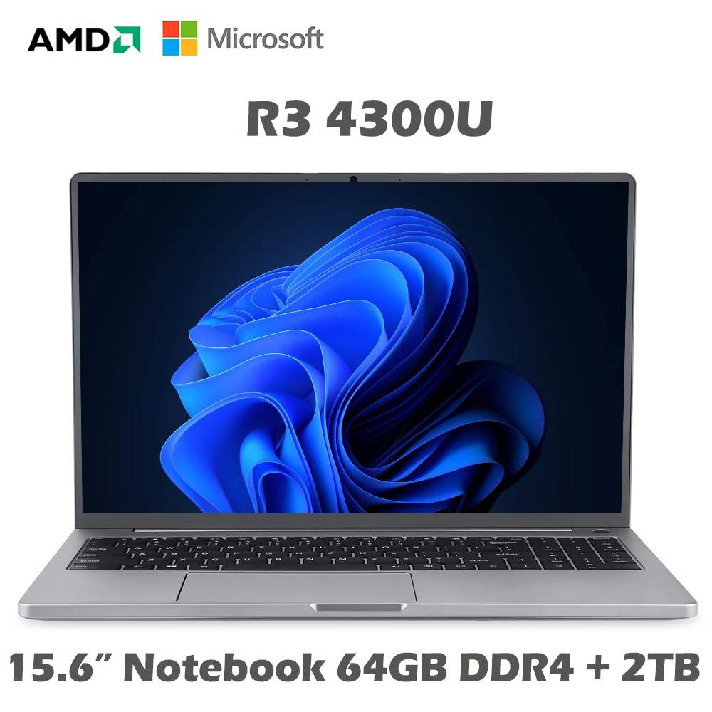 2022 MAX 64GB RAM 2TB M.2 SSD 15.6 Inch Laptop Metal Ultrabook AMD Ryzen 3 4300U Windows 10 Pro Gaming Computer Notebook Type C