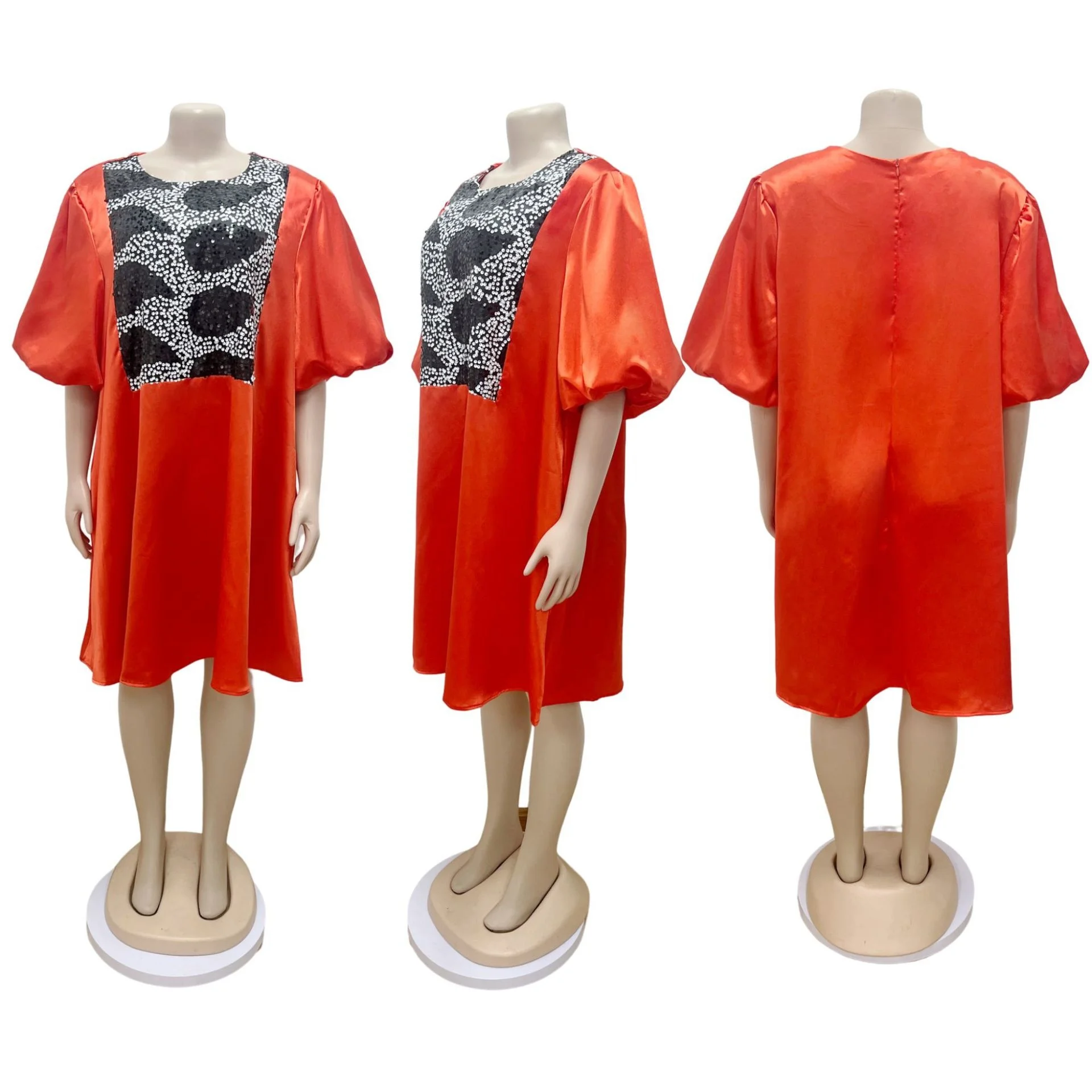 Plus Size Large Women's Dress 2023 Sequin Loose Fitting Dress Fashion BubbleHalf-sleeve Red Elegant Casual Female Clothes