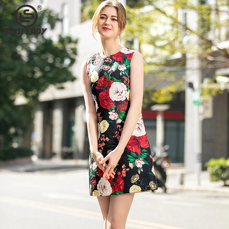 Women's Runway Dress O Neck Sleeveless Beaded Sequined Printed Fashion Floral A Line Short Dresses Vestidos