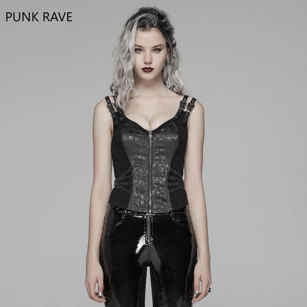 

PUNK RAVE Women Waistcoat Steampunk Jacquard Waistcoat Rib Fabric Metal Style Sexy Deep V-neck Punk Personality Women Vest