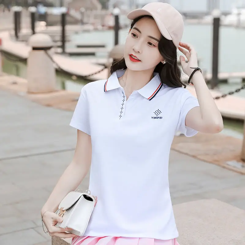 

Women's Cotton Short-Sleeved Polo Shirt Korean Style Slim Fit Lapel T-shirt Casual Ladies Sports Polo Shirts Spring/Summer Tops