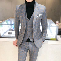 men dress blazers pants vest 3 piece set male wedding new 2022 autumn business formal plaid suit luxury slim fit coat trousers