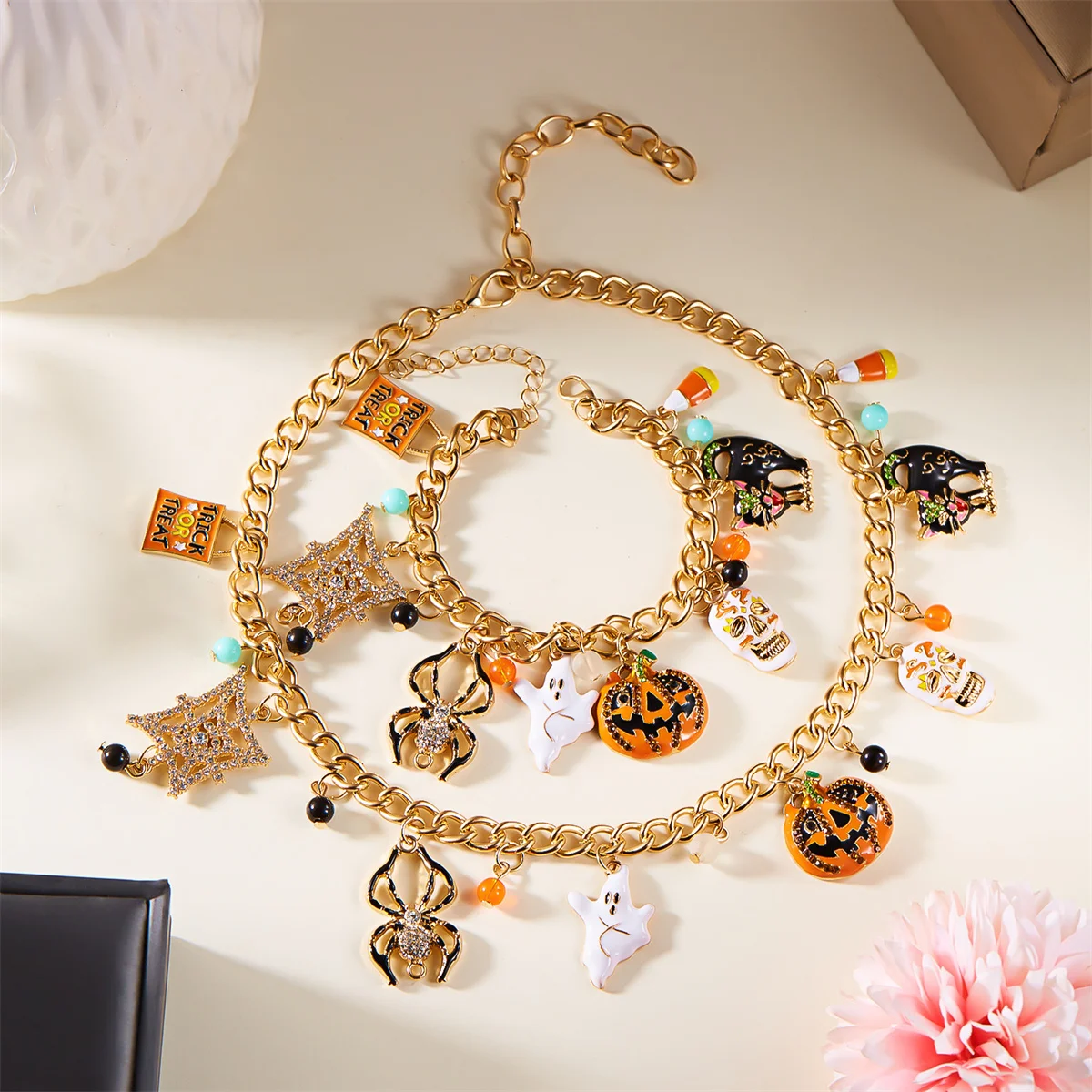 Панк Хэллоуин паук призрак тыква череп черный женский мужской скелет Cobweb браслет