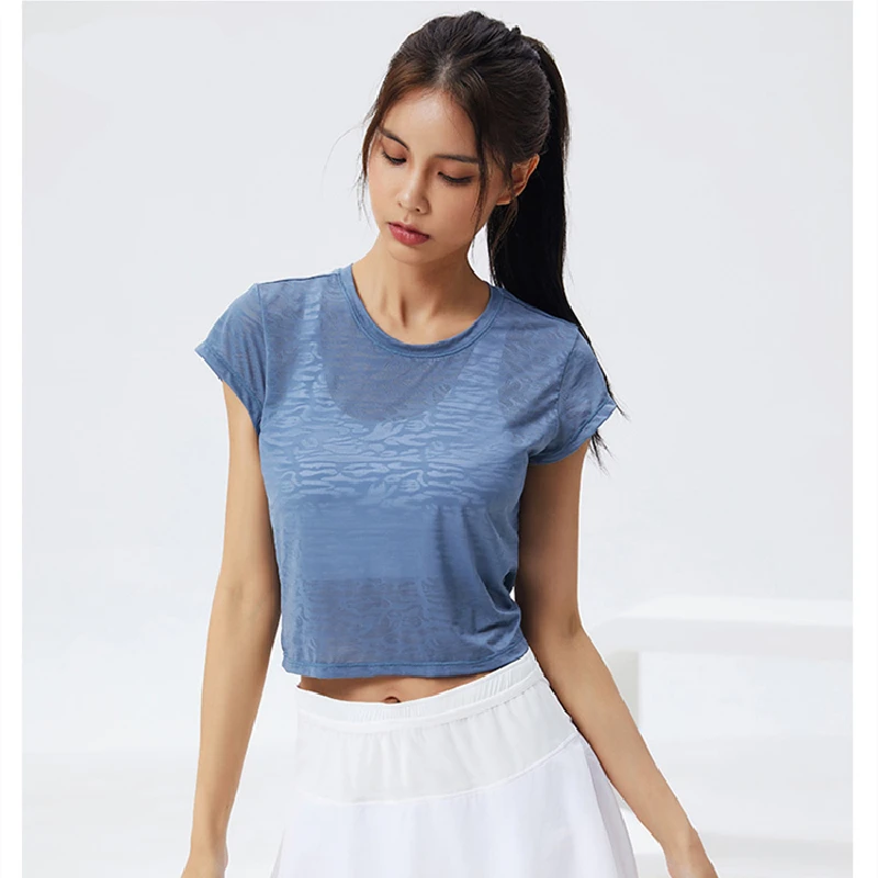 Translucent Cutout Breathable T Shirt Summer New Short Sleeve Loose Run Gym Workout Crop Tops Women Yoga Fitness Sports Shirts