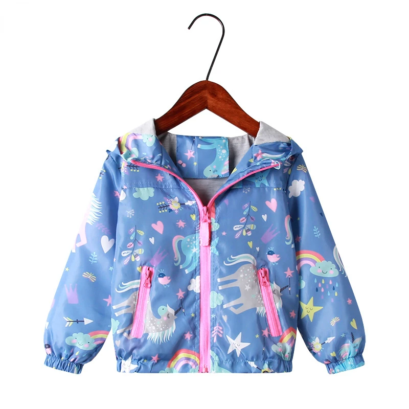 

New 2023 Fashion Summer Autumn Girls Outerwear Hooded Rainbow Horse Print Thin Zipper Jacket Girls 3Y 8Y Kids Loose Outwear