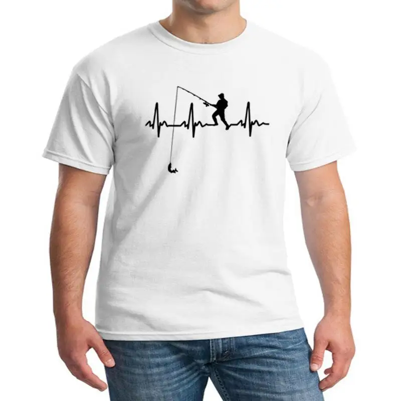 

Men's Harajuku Casual T Shirts Fish Heartbeat Fun Short Sleeve Fisherman Tees Crew O-Neck Tops Cotton Funny T-Shirt Plus Size
