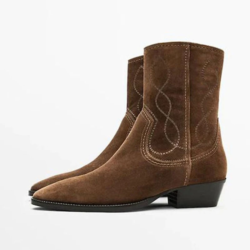 

New Femme Designer Winter Boots Cowhide Pointed Toe Thick Heel Retro Suede Women Boots Side Zipper Ankle Cowboy Boots Girls