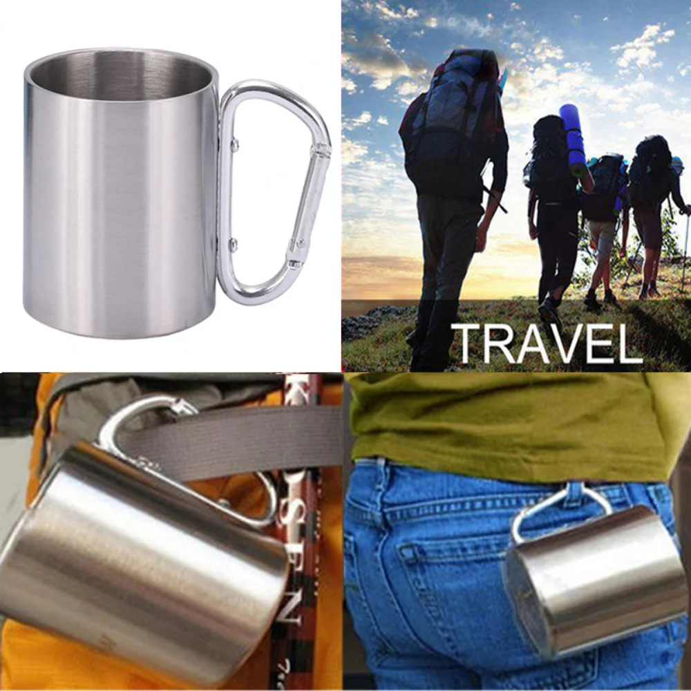

220ml Camp Stainless Steel Cup For Camping Traveling Outdoor Cup with Handle Carabiner Climbing Backpacking Hiking Portable Cups