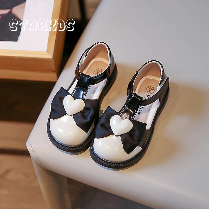 Classic Black White Design Princess Shoes Girl Summer Thick Sole Bowtie Sandals Children Heart Buckle T-Strap Mary Jane Zapatos enlarge