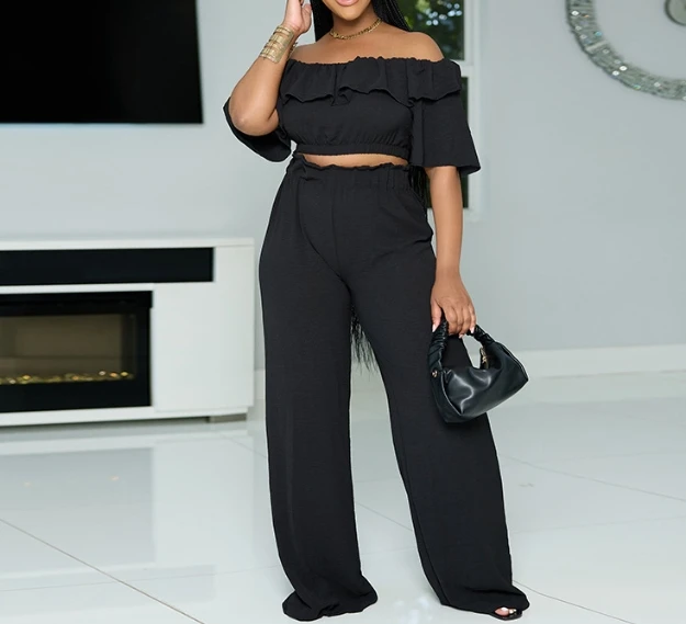 

Two Piece Set Set for Women 2023 Off Shoulder Lotus Leaf Edge Short Top Wide Leg Pants Set Female Suit 2023 Spring Streetwear
