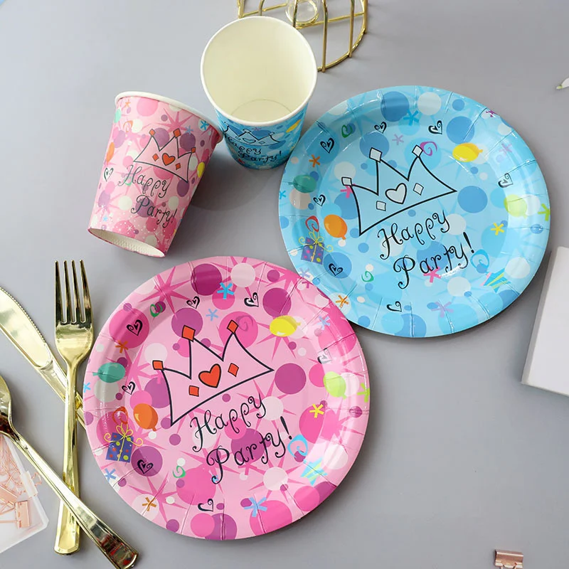 10 pcs Blue Pink Theme Party Disposable Paper Plate Crown Baby Gender Secret Shower Birthday Cup