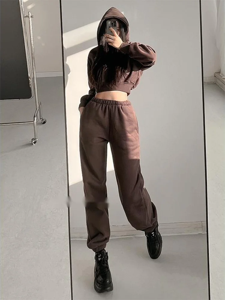 

Set Sweet Pants Short Pocket Plush Pullover Hoodie Sweatshirt + High Waist Loose Harem Pants Two-piece Women Suit 15A2