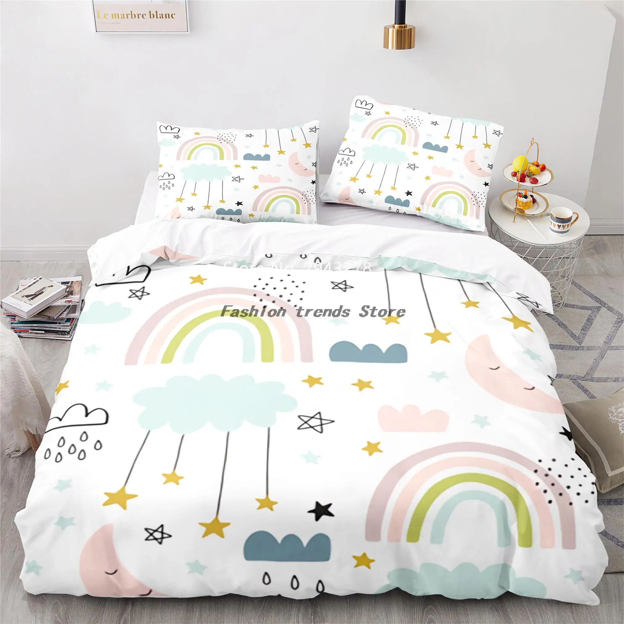 

Home Fabric Rainbow Series Pattern Lovely Blue Pink Duvet Quilt Cover Pillowcase Bedding Adult Children Bedroom Decoration