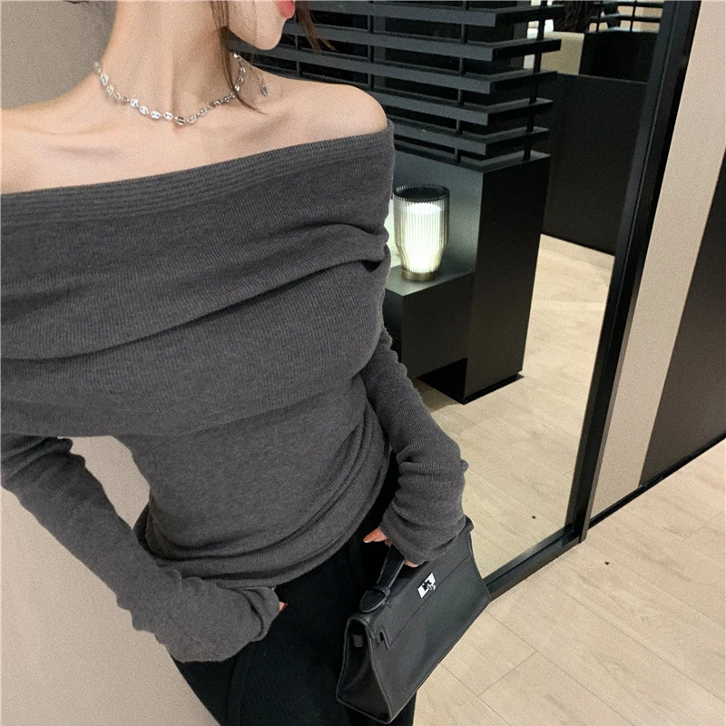 

2023 Winter for Women Korean Style Retro Off Shoulder Warm Soft Cashmere Sweater Long-sleeved Slim Knit Pullover Tops