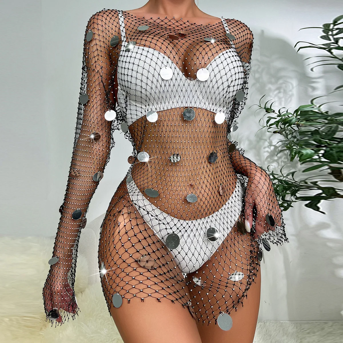 

Женское Сетчатое платье с блестками, облегающее Сетчатое платье-трапеция с длинным рукавом, в европейском стиле, лето 2023