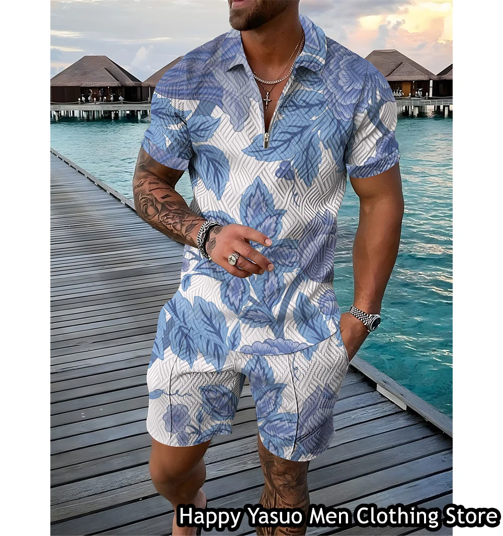 New Men Summer Vintage Polo Shirt Shorts Man Floral Printing Polo Set Hawaiian Vacation Style Outfit Male Casual Suit Clothing