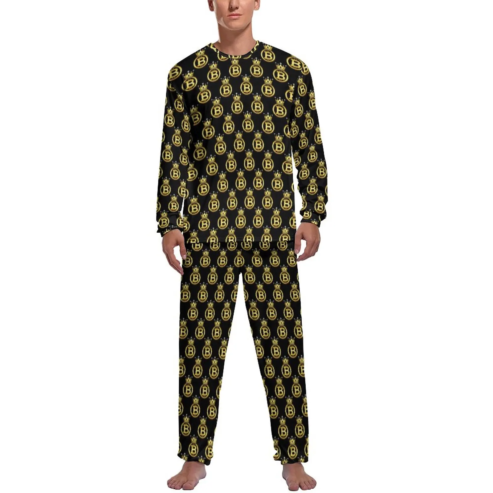Gold Crown Bitcoin Pajamas Men Cryptocurrency Coin Trendy Nightwear Spring Long Sleeve 2 Pieces Casual Custom Pajama Sets
