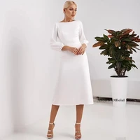 2022new modeset tea length cocktail dress pure color boat neck high quality jersey long sleeve bridal gowns robe de soir%c3%a9e femme