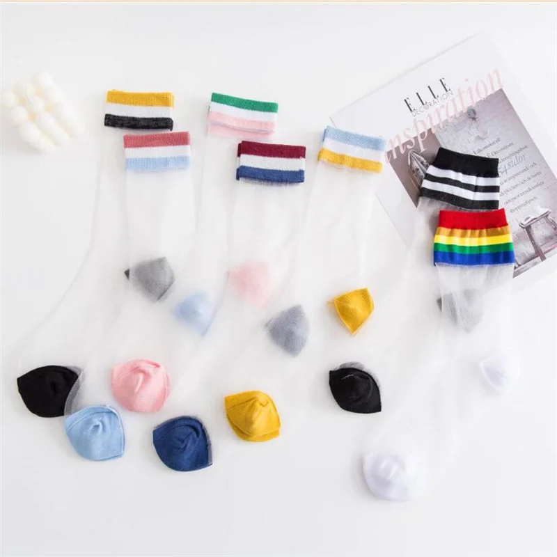 

Fashion Women's Transparent Striped Socks 5Pairs/Lot Spring Summer Breathable Sock Ultra-Thin Crystal Silk Invisible Sock