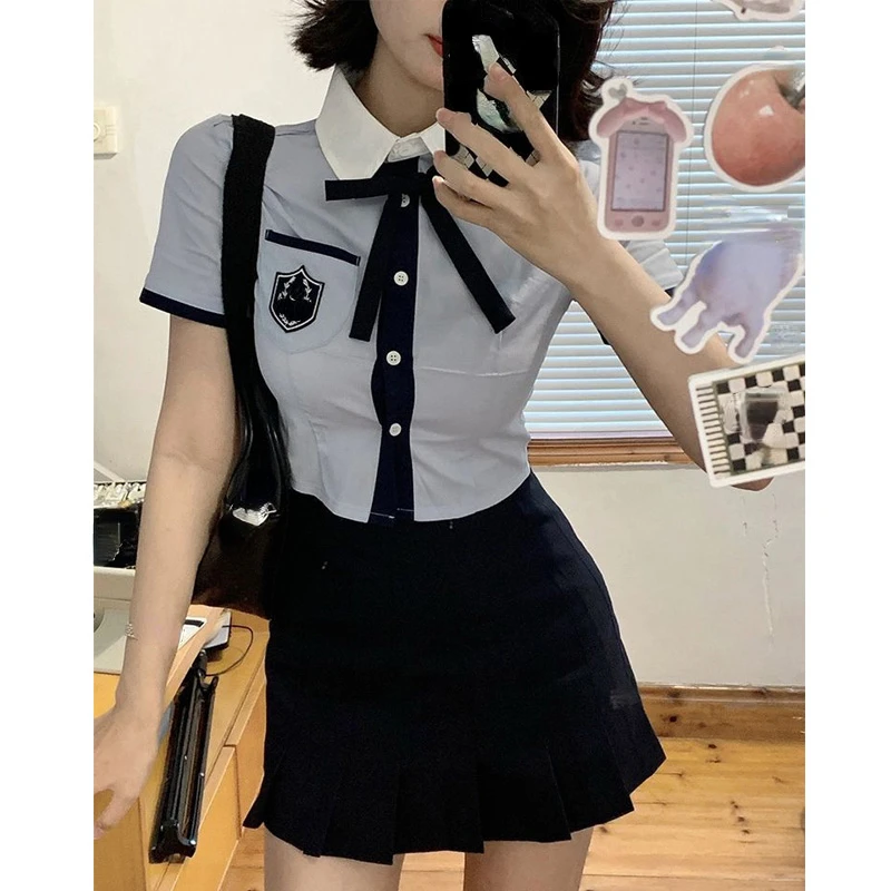 

Японская и Корейская школьная форма JK для студенток, летняя милая форма, винтажная милая блузка для девушек темно-синего цвета, блузка, топы