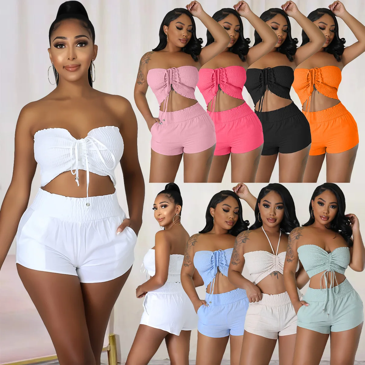 

Two Piece Set for Women Tracksuit Outfits Summer Crop Tops Sexy Biker Shorts Pant Sets Beach Vacation Suit