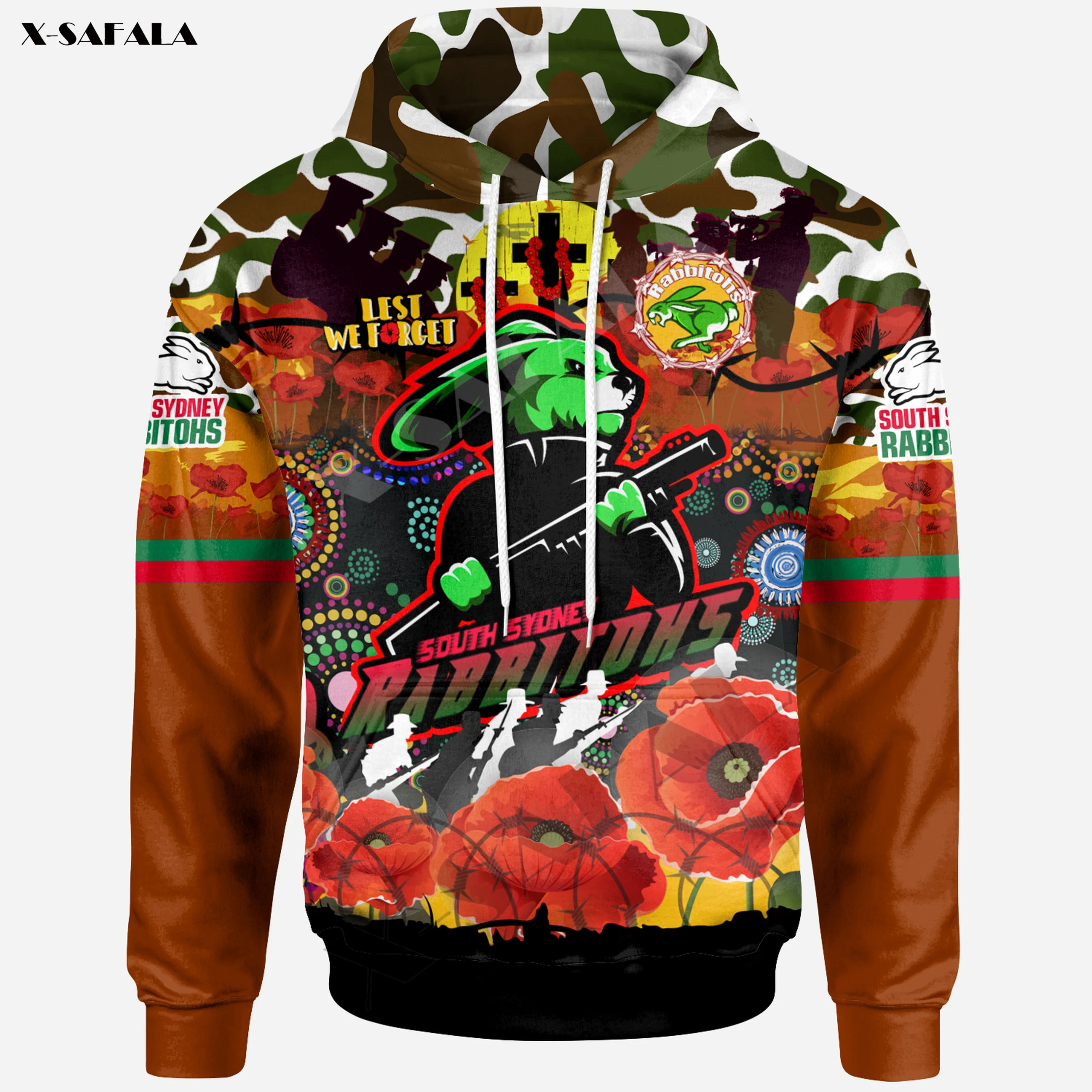 

Australia Rabbitohs Anzac Lest We Forget 3D Print Zipper Hoodie Men Pullover Sweatshirt Hooded Jersey Tracksuits Outwear Coat