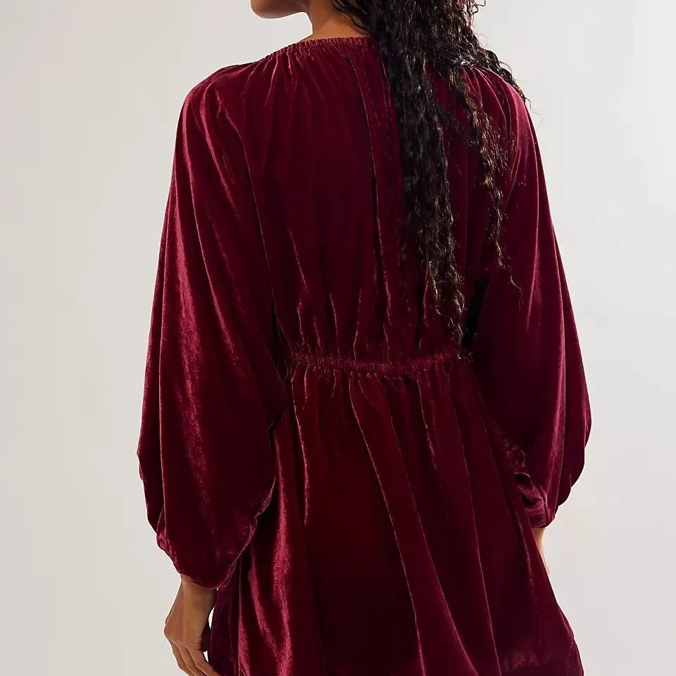 Женское бархатное свободное платье ретро с V-образным вырезом Осеннее Новое