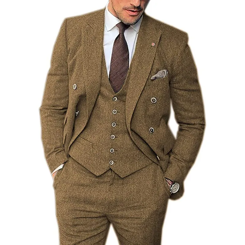 3 Pieces  Men's Suits Formal Business  Slim Fit Herringbone Tweed Wool Prom  Groomsmen For Wedding (Blazer+Vest+Pants)